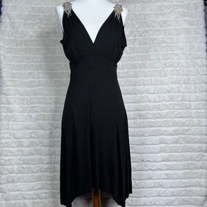 Vintage Y2K Unyx Black Embellished Shoulder V Neck Midi Dress Women's S